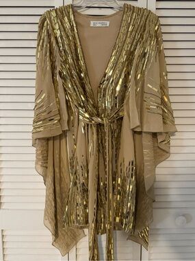 Mac Duggal Gold Beaded Chiffon Kimono Wrap Dress